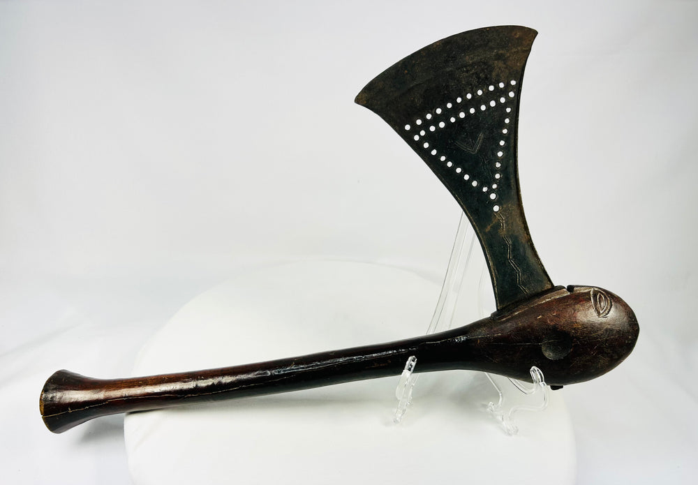 Luba prestige axe with fan-shaped iron blade and carved hardwood haft, Democratic Republic of Congo, late 19th century