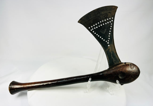 Luba prestige axe with fan-shaped iron blade and carved hardwood haft, Democratic Republic of Congo, late 19th century