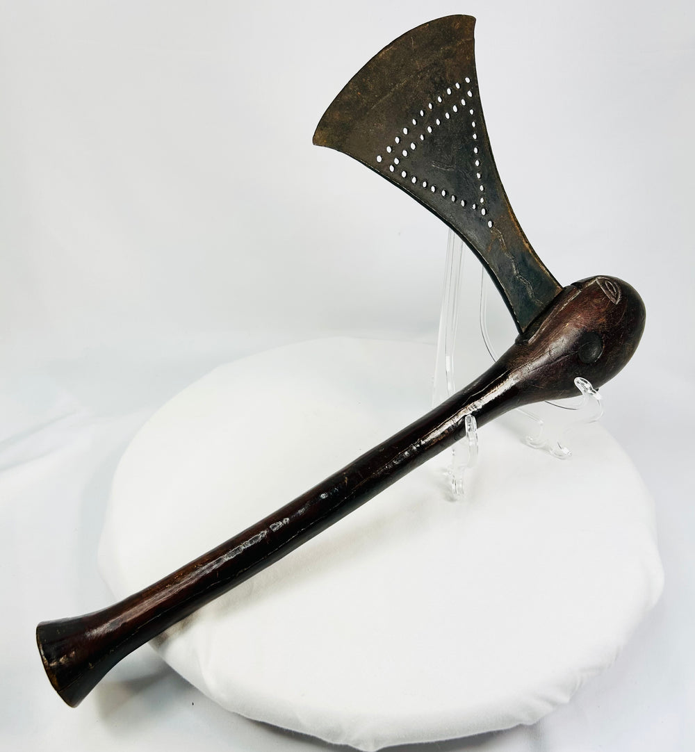 Central African Luba ceremonial axe featuring punchworked iron blade and eye-form pommel
