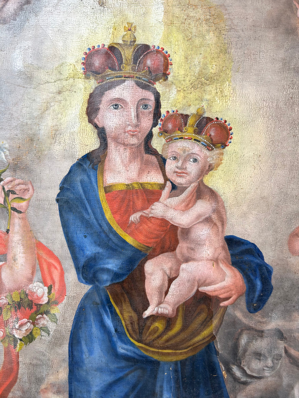 Andean Colonial Cuzco School painting depicting the crowned Virgin Mary holding the Christ Child, surrounded by angels, circa 1780–1820, oil on canvas.
