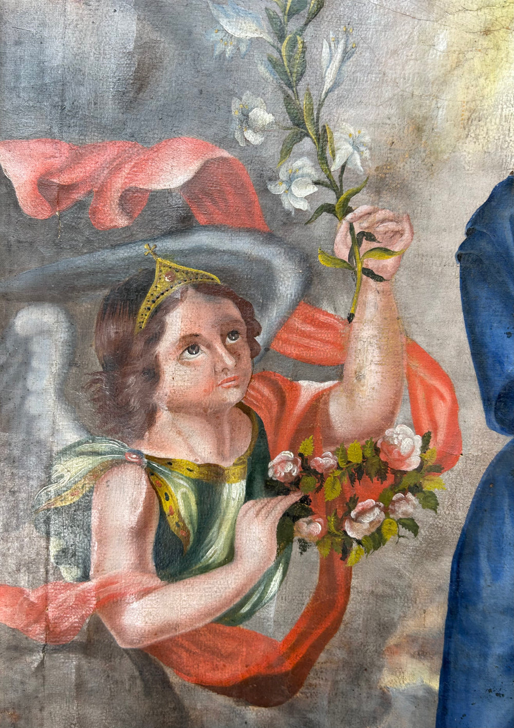 Detail of Andean Colonial Cuzco School painting showing cherub holding white lilies and floral bouquet, symbolizing purity and devotion, circa 1780–1820.