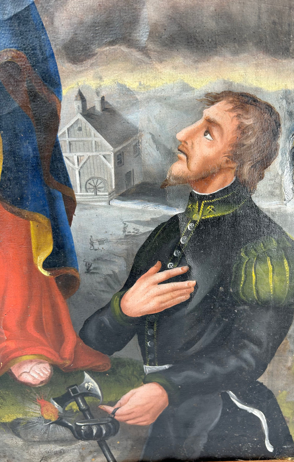 Detail of Cuzco School Andean Colonial painting showing uniformed donor figure kneeling in devotion, holding a halberd before the crowned Virgin and Child, circa 1780–1820.