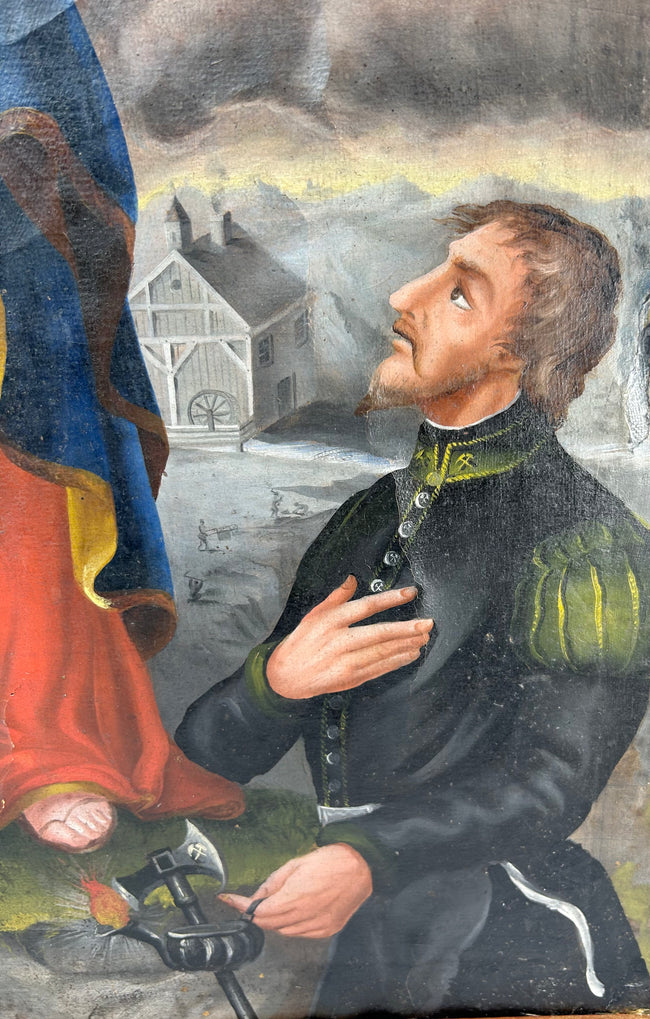 Detail of Cuzco School Andean Colonial painting showing uniformed donor figure kneeling in devotion, holding a halberd before the crowned Virgin and Child, circa 1780–1820.
