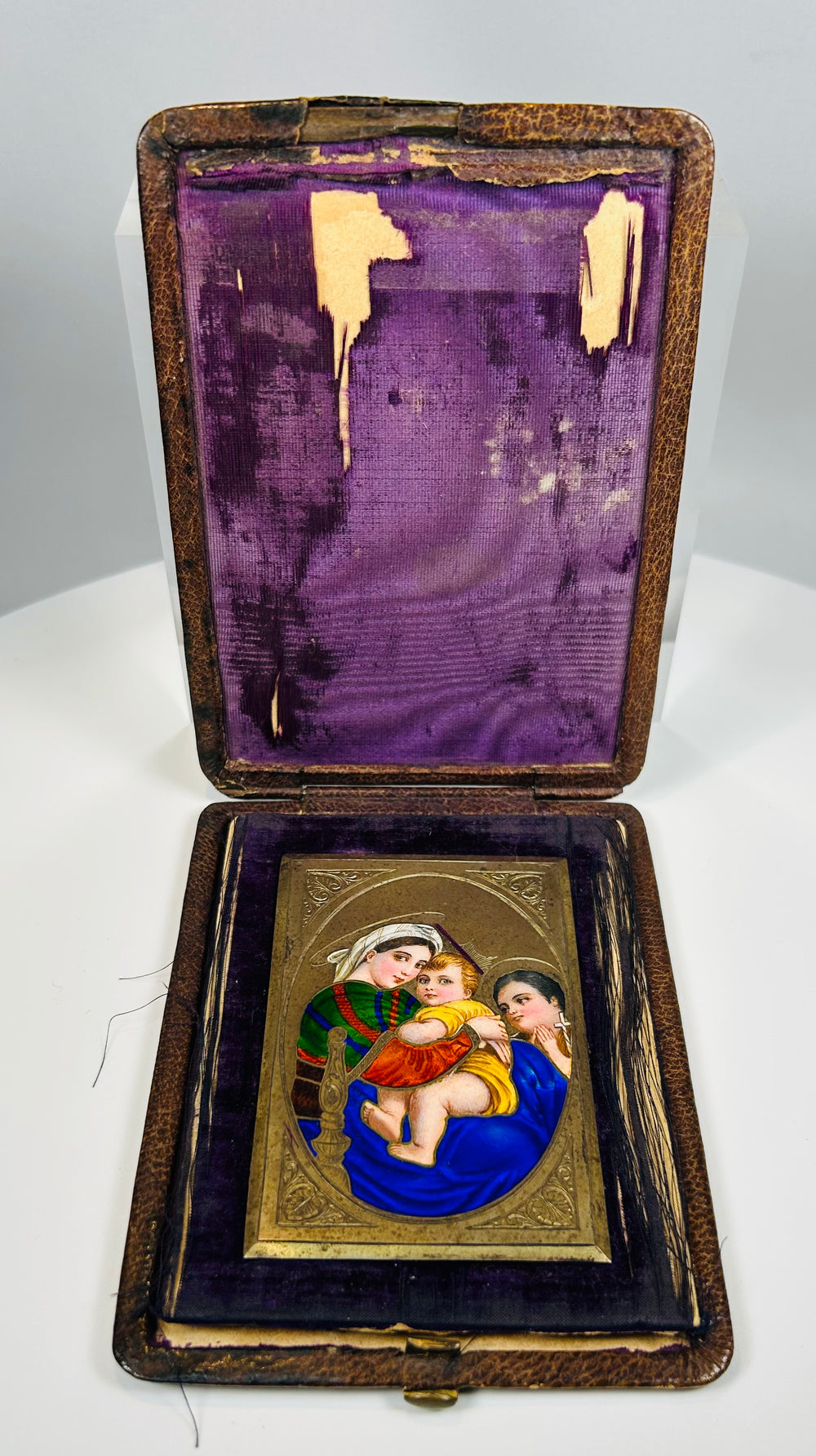 Religious enamel miniature with Madonna and Child in folding case