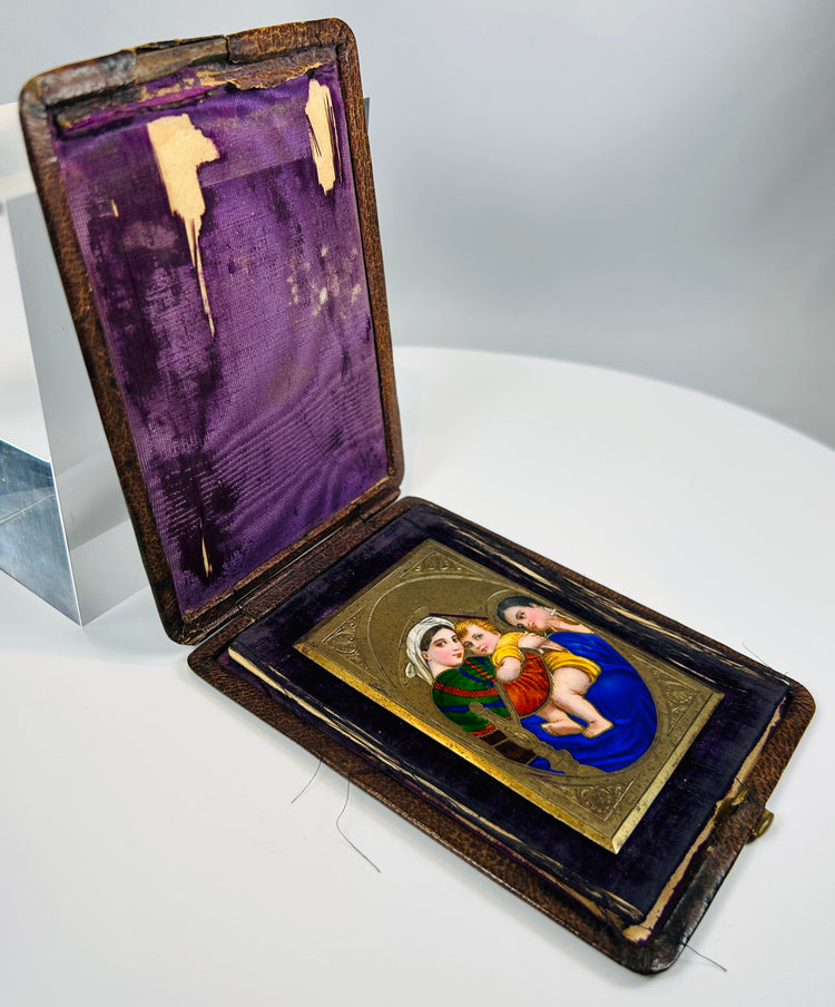 19th century devotional enamel artwork in leather travel case