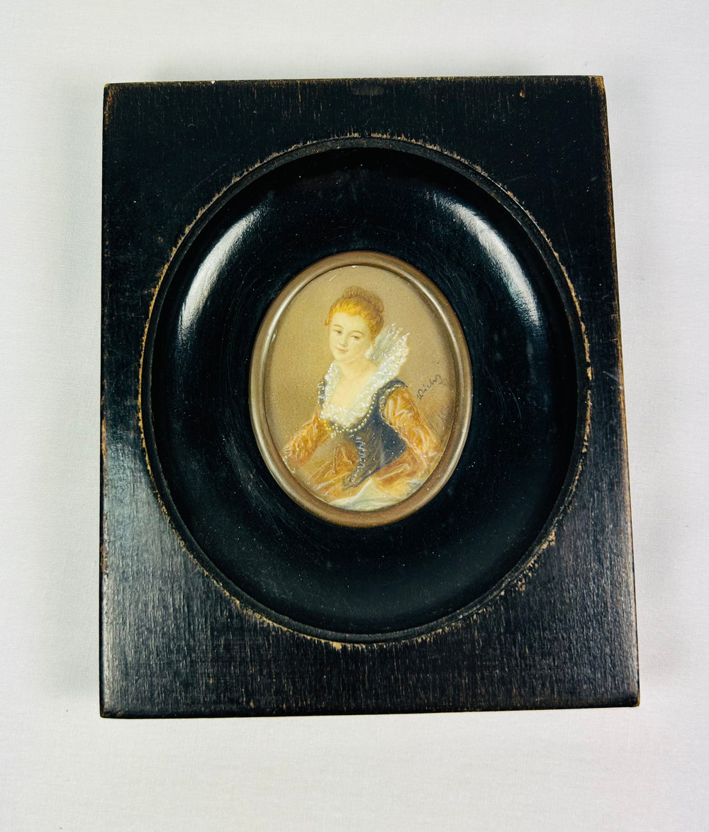 Antique European miniature painting, circa 1860–1890, signed portrait in blue bodice and lace ruff, oval brass-mounted frame.