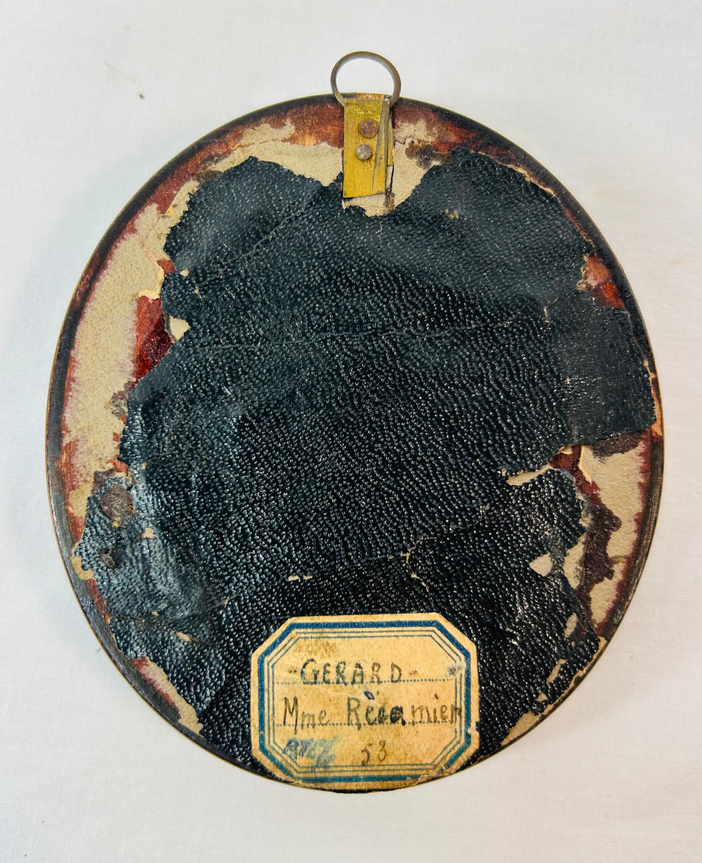 Late 19th century French miniature portrait of Madame Récamier after François Gérard, watercolor on ivorine under convex glass in ebonized frame.