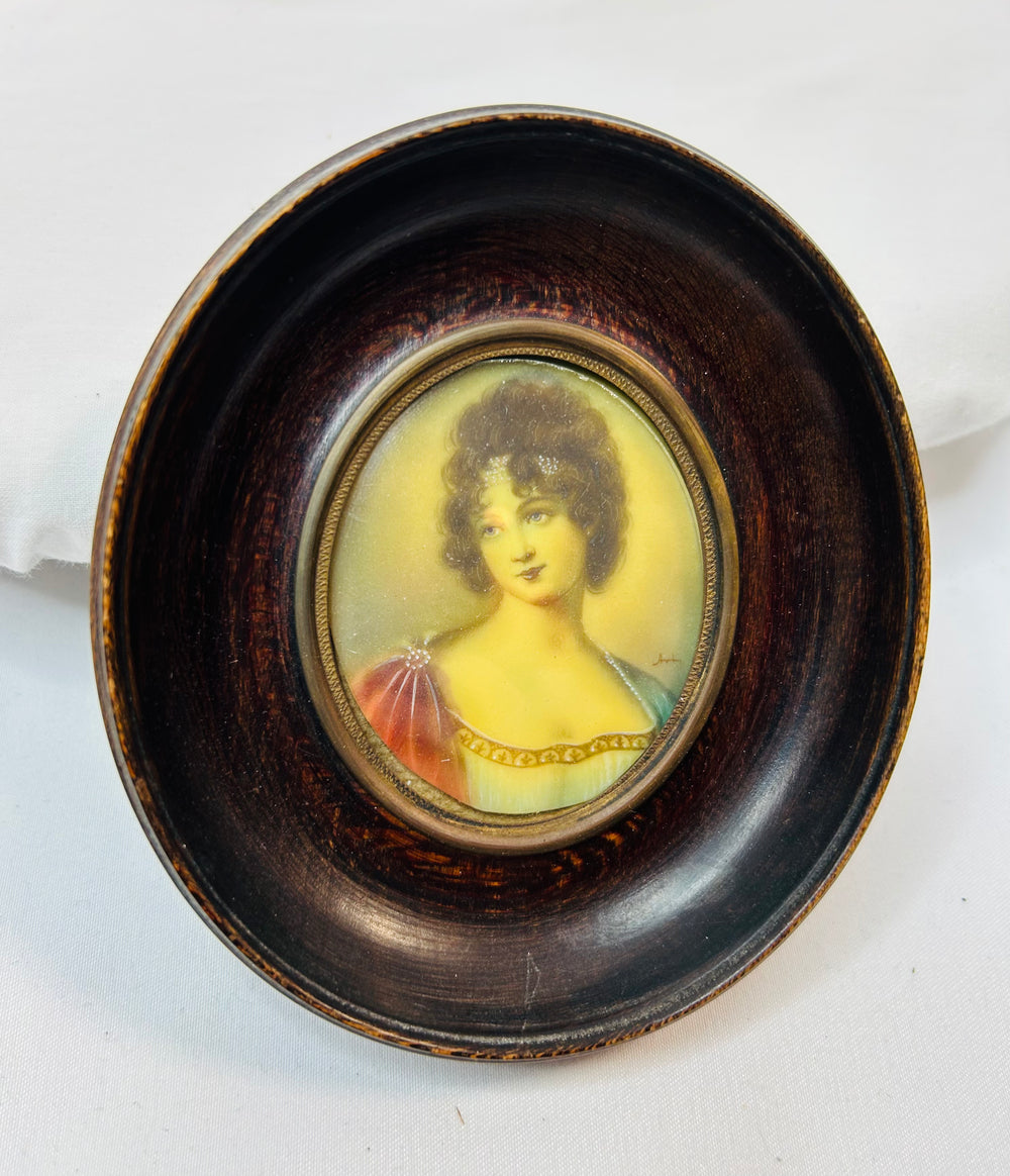 Miniature portrait of Madame Récamier in Empire-style gown, watercolor/gouache on ivorine, framed ebonized wood