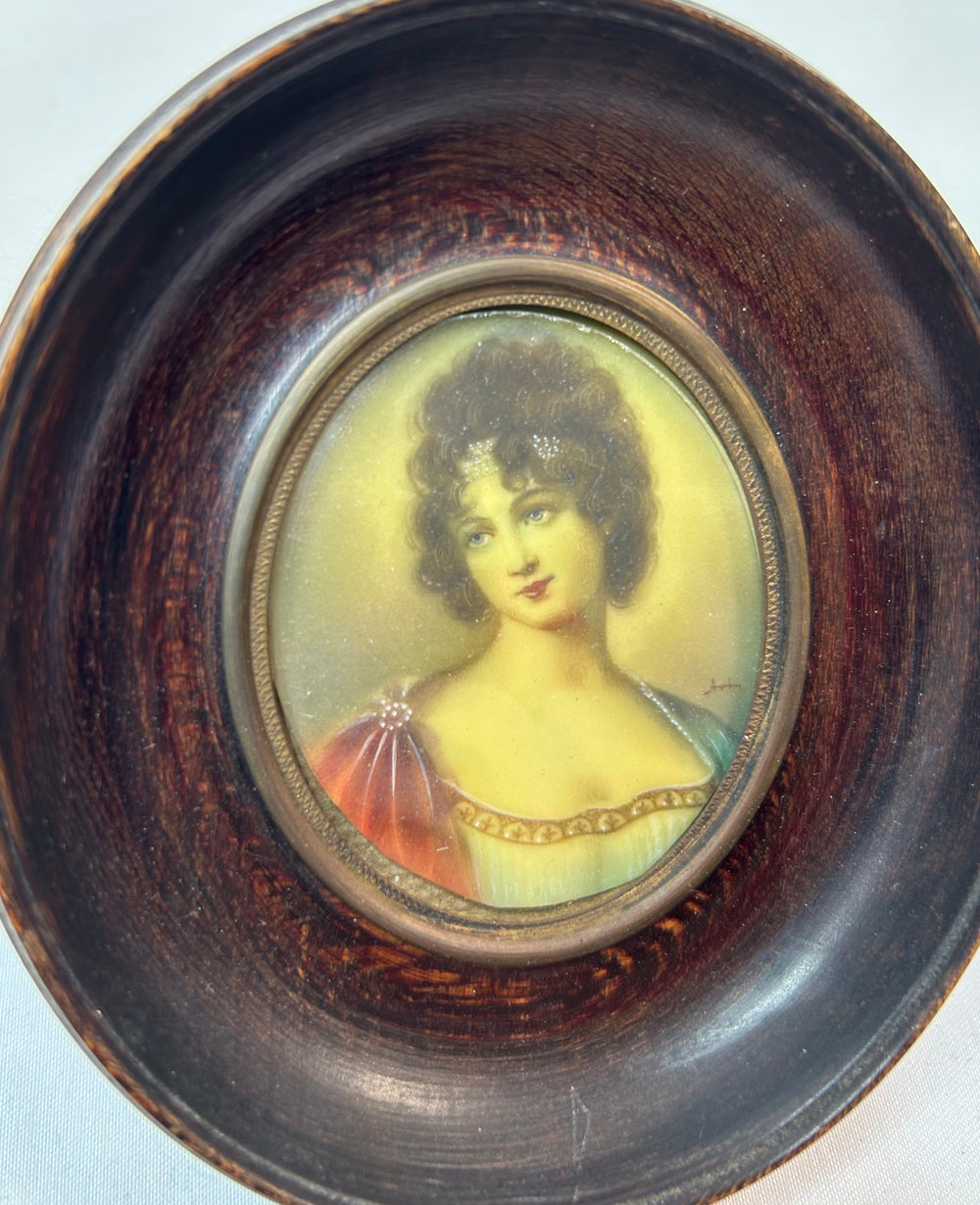 French miniature portrait, Madame Juliette Récamier, bust-length, convex glass, brass bezel, circa 1890–1910
