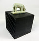 Ptolemaic era Egyptian shrew votive figure, faience with weathered glaze and ancient break through plinth.