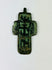 18th–19th century Old Believer copper cross with champlevé enamel remains and inscription panels, olive patina, suspension lug intact.