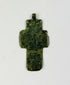Russian Old Believer devotional cross pendant, late 1700s, green enamel recesses and block Cyrillic script, excavated condition.