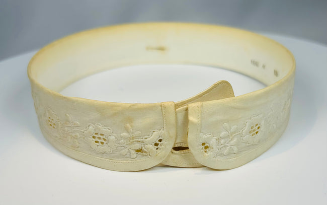 Vintage collar storage box with blue bird motif and yellow silk interior cylinder holder