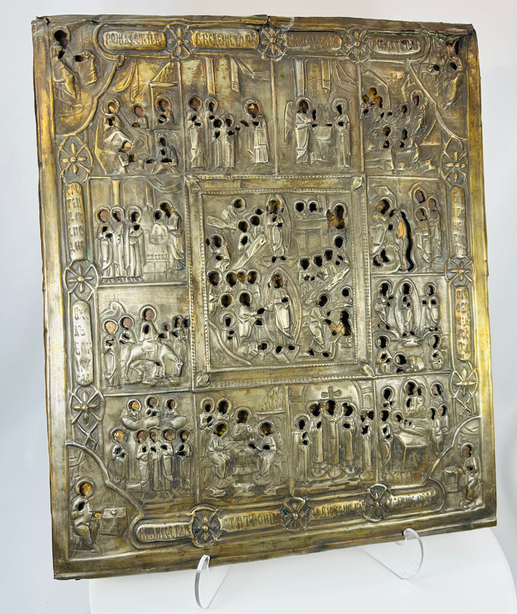 Antique Russian Orthodox icon featuring Resurrection of Christ with detailed metal cover