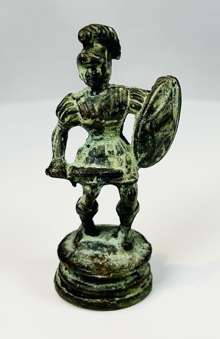 Neoclassical bronze statue of Greek hoplite warrior with aged green patina