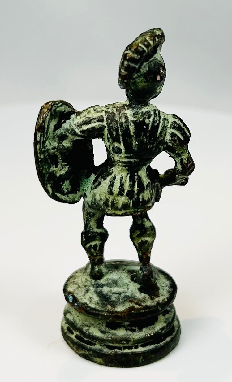 Classical revival bronze warrior statue with detailed armor and patina