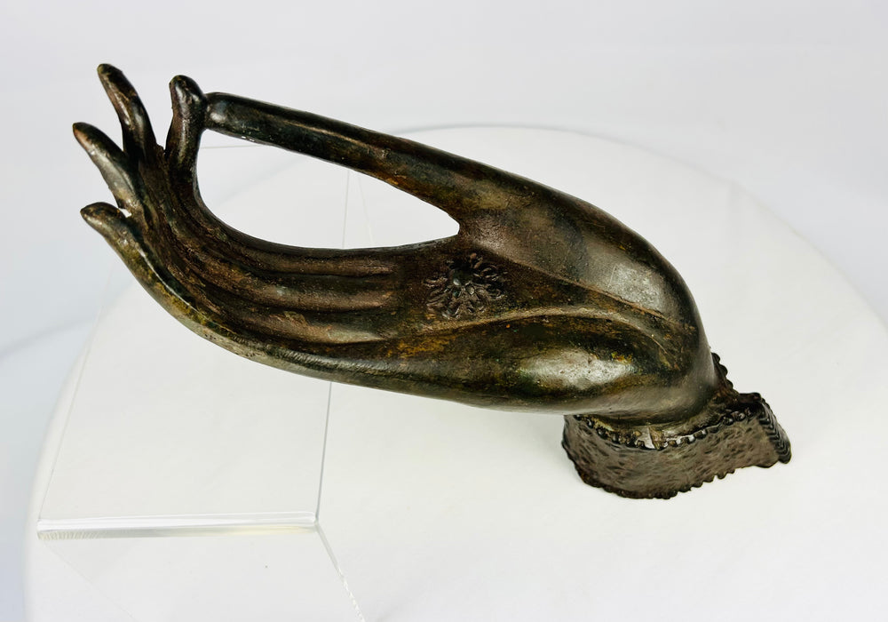 Antique Lanna/Lan Xang bronze Buddha hand fragment, elongated fingers in Abhaya mudra.