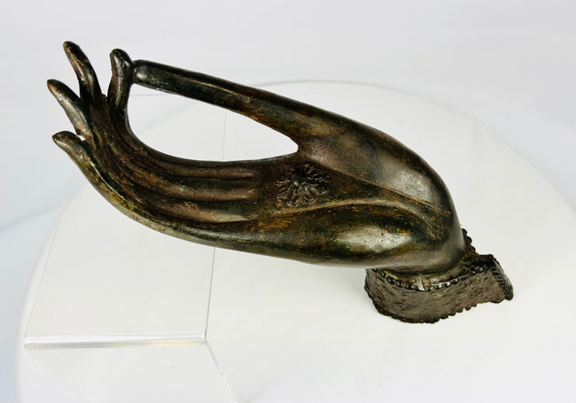 Antique Lanna/Lan Xang bronze Buddha hand fragment, elongated fingers in Abhaya mudra.