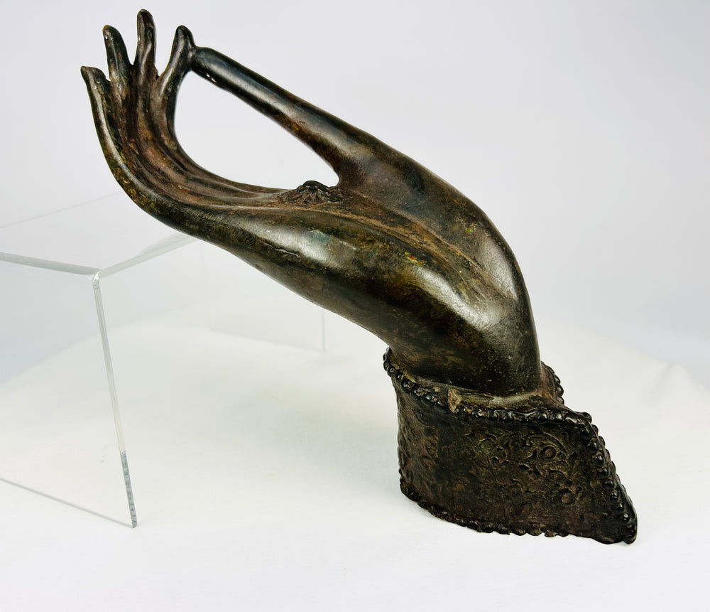 Northern Thailand bronze Buddhist hand sculpture, 18th–19th century, chakra mark on palm.