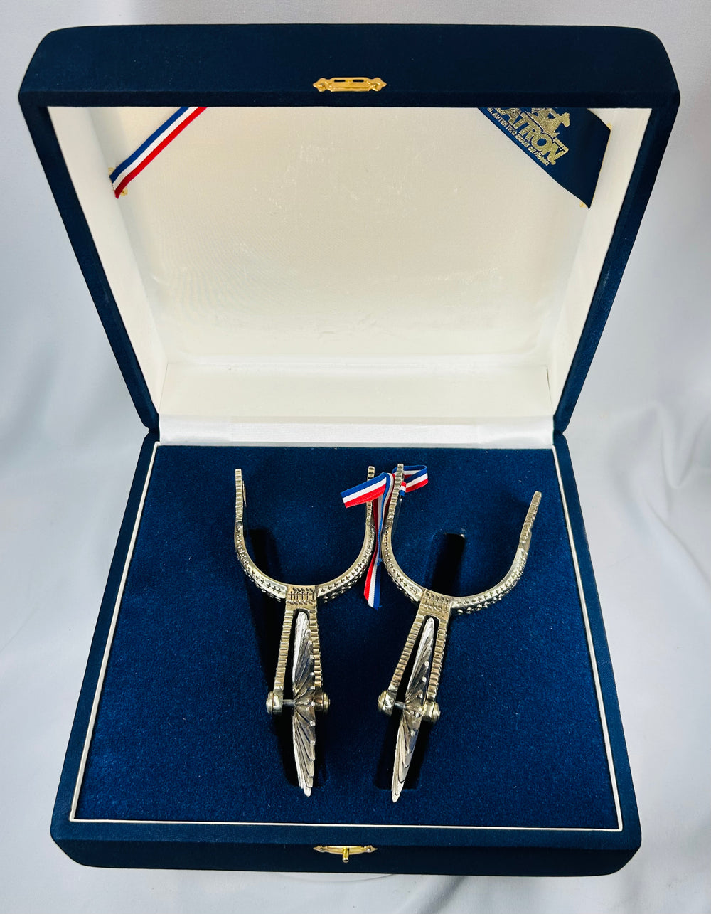 Traditional South American spurs with detailed chasing and presentation case
