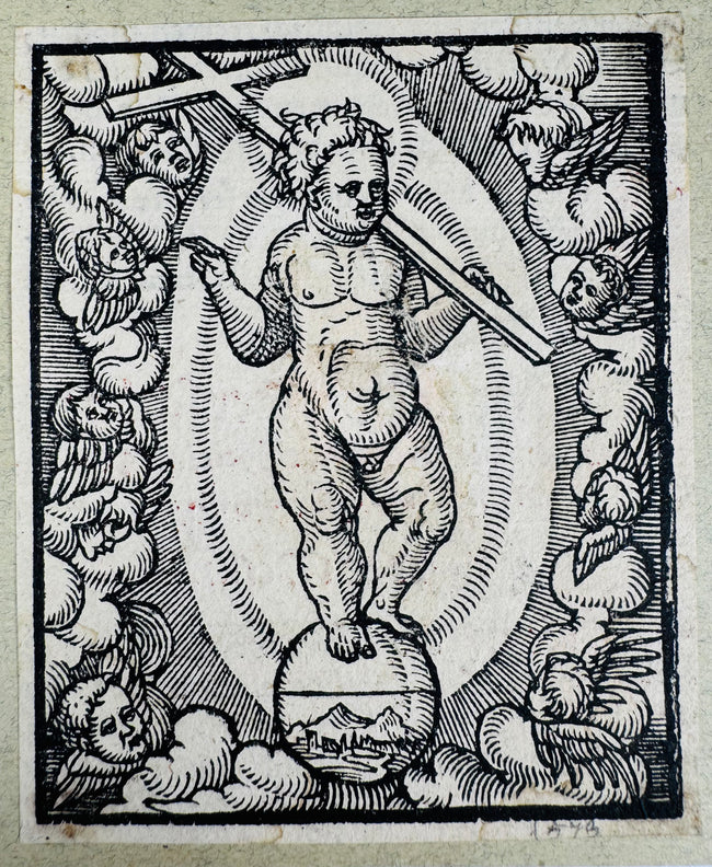 German devotional woodcut showing Christ carrying the Cross of Redemption within a radiant mandorla.