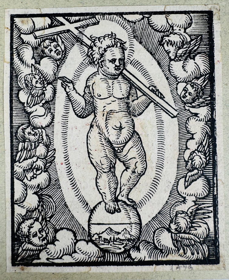 German devotional woodcut showing Christ carrying the Cross of Redemption within a radiant mandorla.