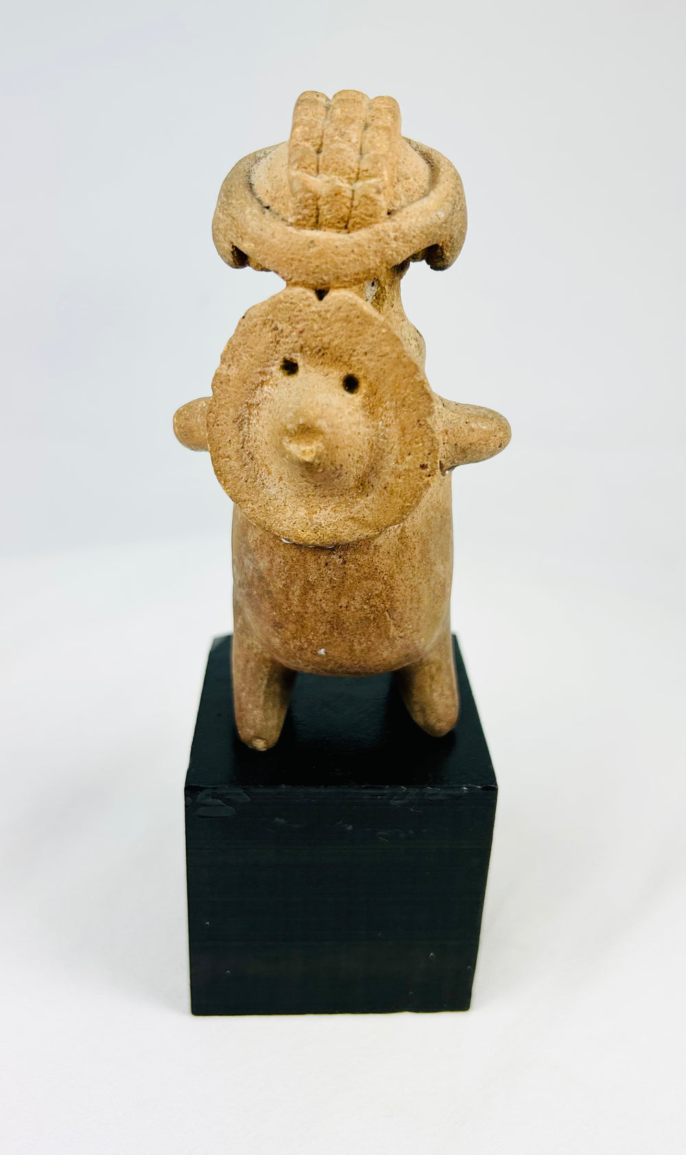 West Mexican Jalisco/Nayarit standing terracotta figure, warrior pose, turban headdress, earspools, ancient wear