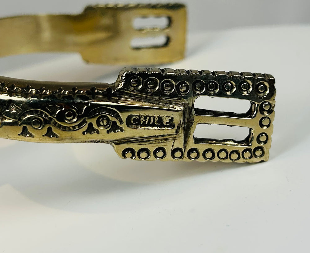 Decorative huaso spurs with pierced heel bands and engraved shanks