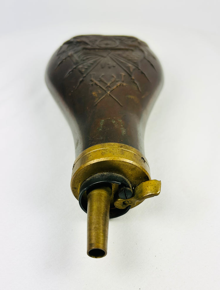 Patriotic Stand Of Arms Powder Flask | Copper Body With Brass Spout | Circa 19th Century