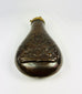 19th century American powder horn style flask in embossed copper with military stand of arms decoration, chocolate brown patina, collectible firearms accessory.