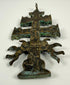 Reverse decoration of an antique Spanish Cross of Caravaca featuring religious figures and symbols associated with the legendary Miracle of Caravaca.
