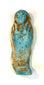Ancient Egyptian turquoise faience shabti with traditional funerary styling, an elongated body, and areas of exposed cream-coloured material.