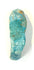 Ancient Egyptian miniature faience figure displaying raised arm detailing, a stylized wig, and scattered mineral-like deposits across its surface.