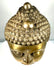 Golden copper-alloy Buddha head featuring detailed ear modelling, carefully sculpted hair curls, and a cylindrical neck base with horizontal incised bands.