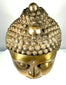 Golden copper-alloy Buddha head featuring detailed ear modelling, carefully sculpted hair curls, and a cylindrical neck base with horizontal incised bands.