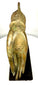 Antique bronze Buddha hand with a centrally positioned floral rosette, elongated fingers, and darkened patination emphasizing its sculptural details.