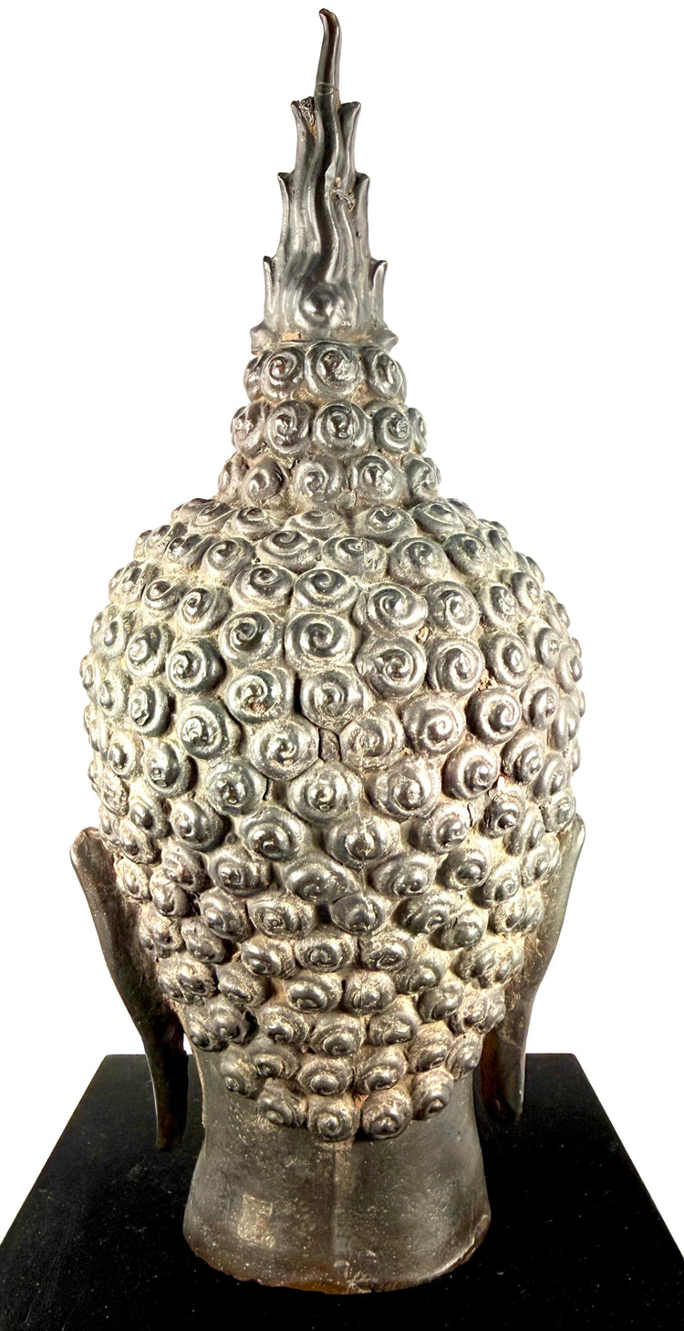 Large cast metal Buddha head featuring softly rounded cheeks, a sculpted chin, and harmonious Sukhothai-style proportions.