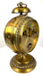 Antique JUF brass clock featuring two subsidiary registers for alarm setting and seconds beneath its ornate circular housing.