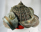 Edo period Japanese firefighter helmet with brass crests and red interior lining