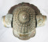 Antique Japanese fire helmet with large side guards and brass emblem details