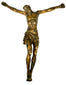 Sixteenth–seventeenth-century bronze religious sculpture with contrasting gold, dark brown, and green patination.