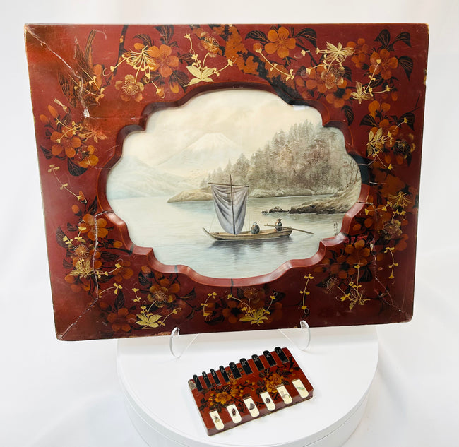 Meiji period Japanese lacquer artwork with gilt frame and insect motif counter