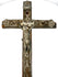 18th-century French peddler’s crucifix with embossed lead religious figures mounted on a dark-painted pine wooden cross.