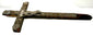 Historic French Arma Christi crucifix featuring embossed lead devotional imagery, weathered pine wood, and traditional Catholic symbolism.