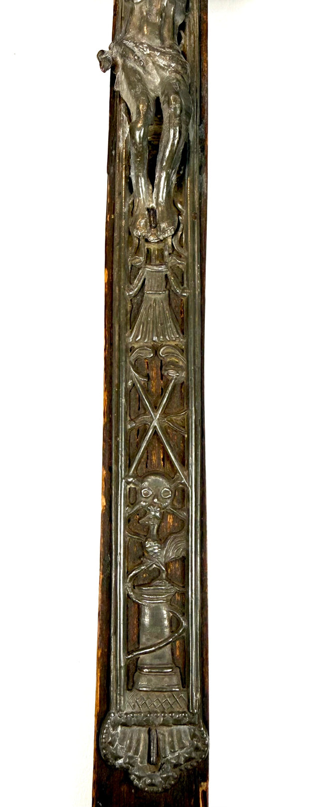 Embossed lead rooster standing upon a column, symbolizing Saint Peter’s denial of Christ on an antique French devotional cross.