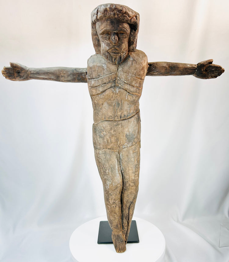 Antique wooden corpus sculpture with mounting holes and aged surface cracking