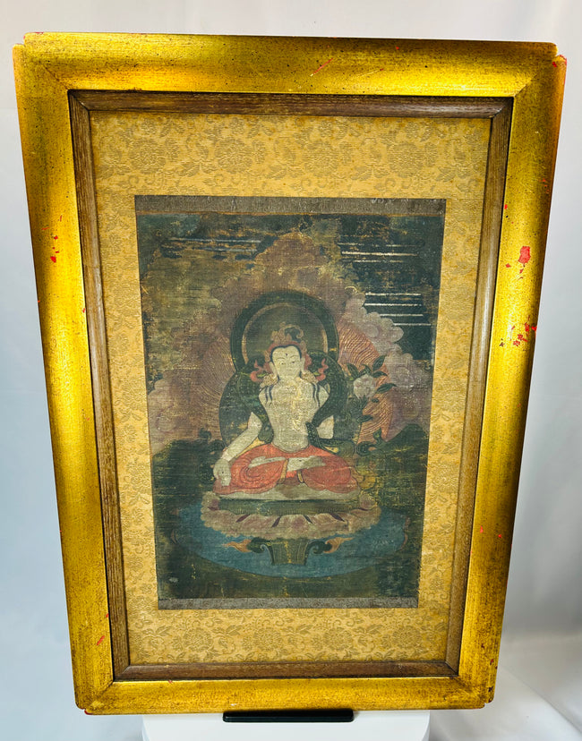 Himalayan devotional thangka style painting on silk with gilded frame