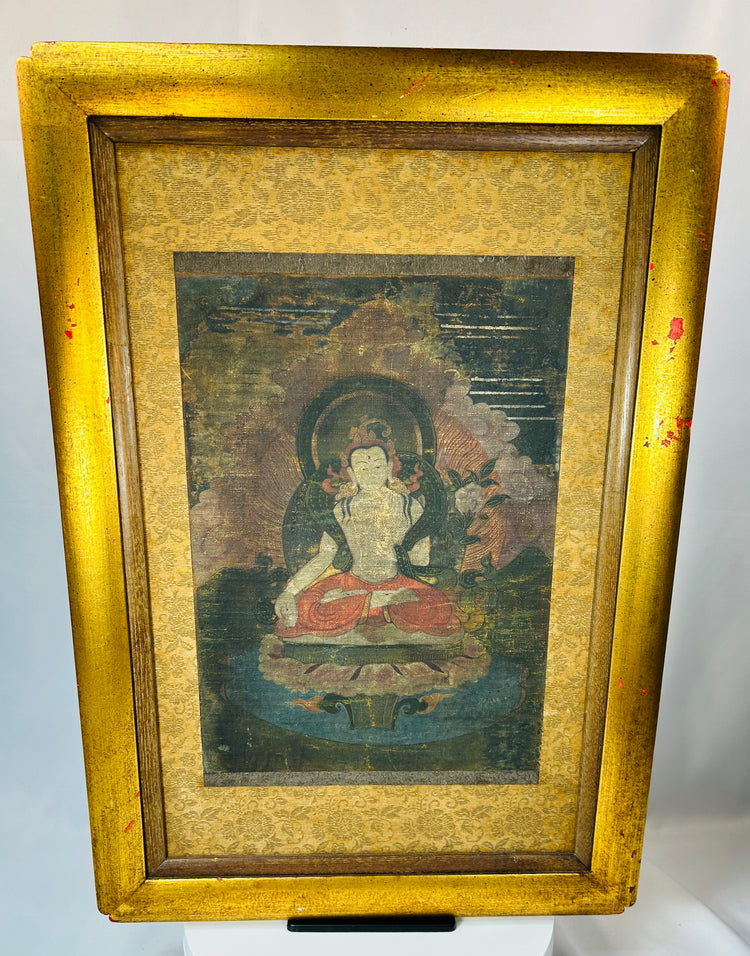 Himalayan devotional thangka style painting on silk with gilded frame