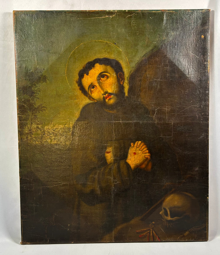 Baroque style devotional artwork of Saint Francis in prayer