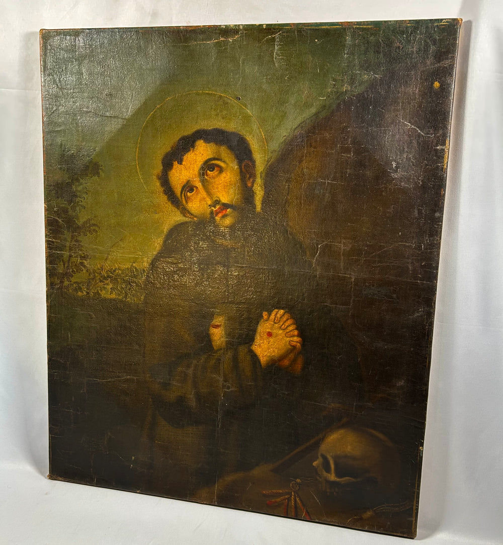 Oil on canvas depicting Saint Francis with dramatic chiaroscuro lighting